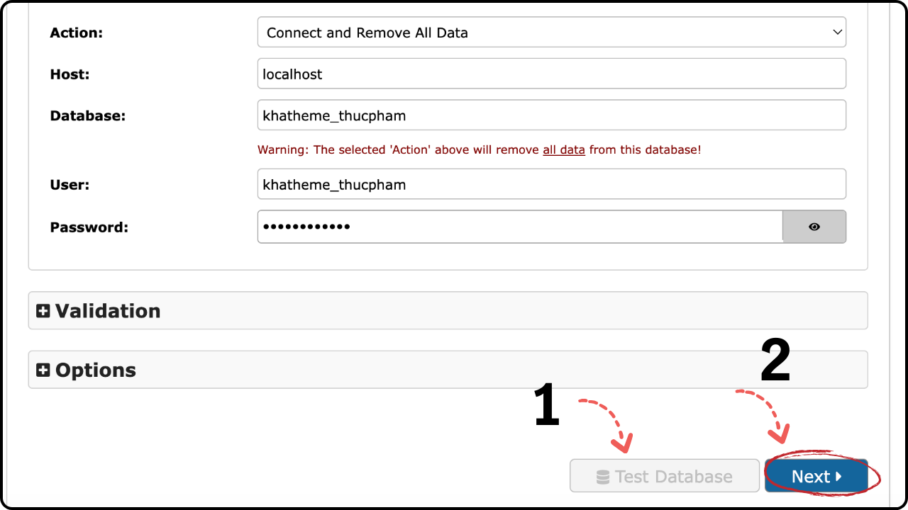 Nhập tên database và user