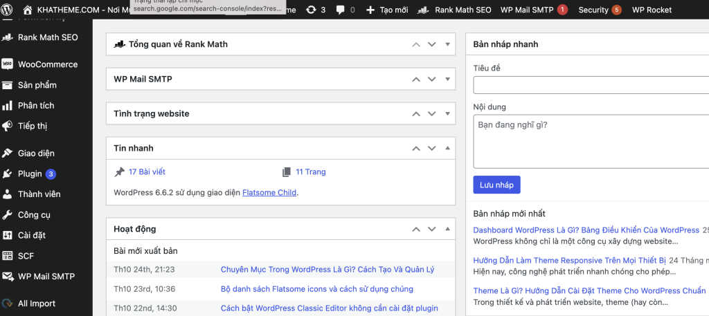 Cấu trúc của Dashboard WordPress